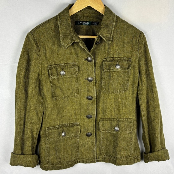 Lauren Ralph Lauren Jackets & Blazers - Lauren Ralph Lauren Women 100%  Linen Button Jacket Sz 14W Nature Beach Military
